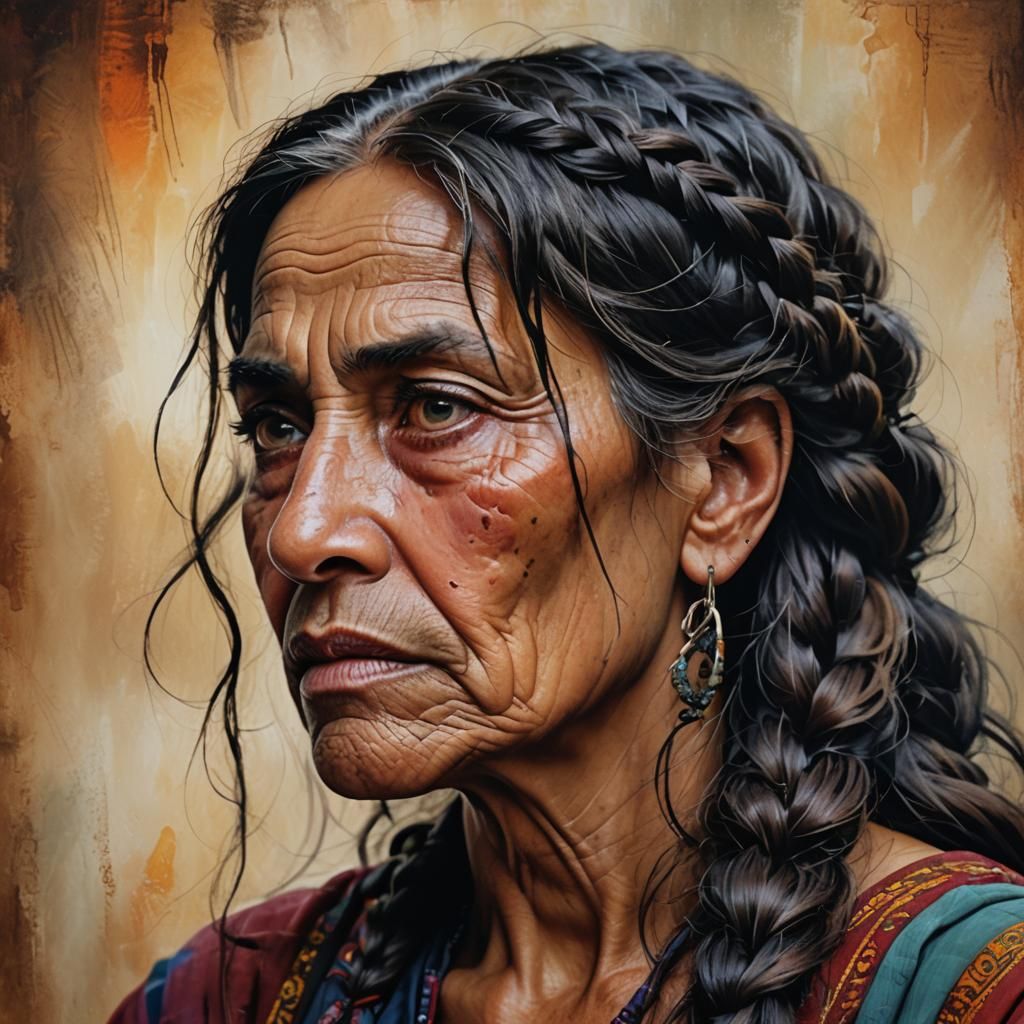 Sad Gypsy Woman Portrait with Expressive Brushstrokes