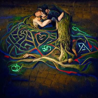 Celtic Lovers Entwined in Tree Roots: Chalk Art