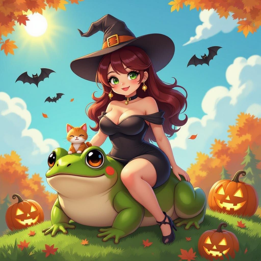 Anime Witch and Frog with Sulfur Kitten Illustration
