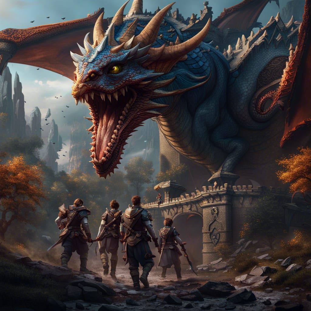 Adventurers Battle Dragon in Detailed Matte Painting