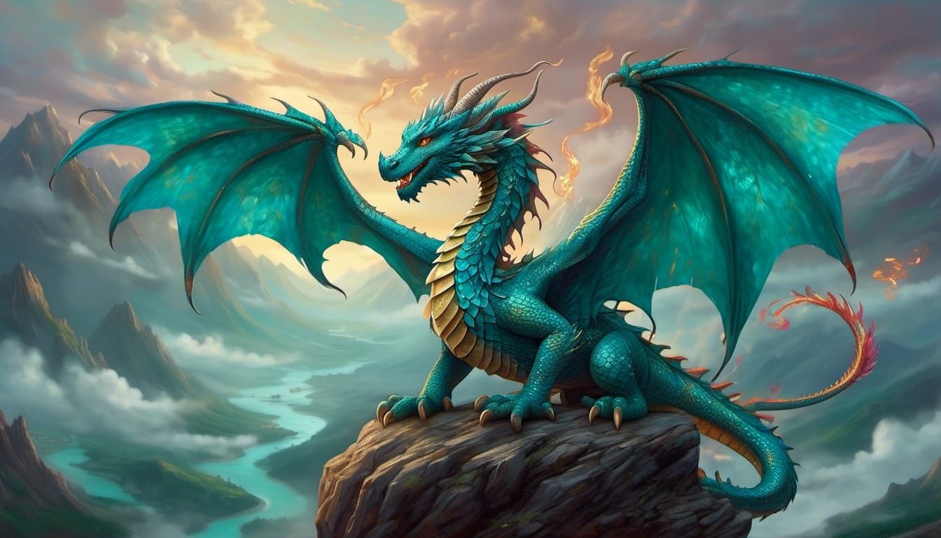 Two-Winged Turquoise Dragon in Flight