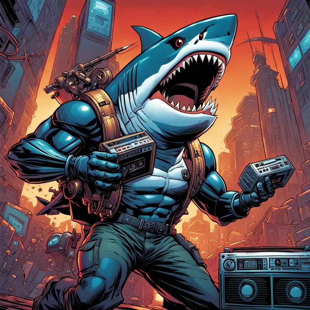 Cyborg Shark Bites Boombox: Comic Book Art