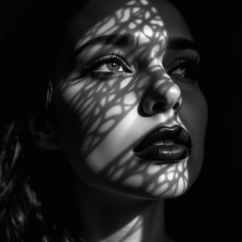 Monochromatic Portrait of a Woman in Film Noir Lighting