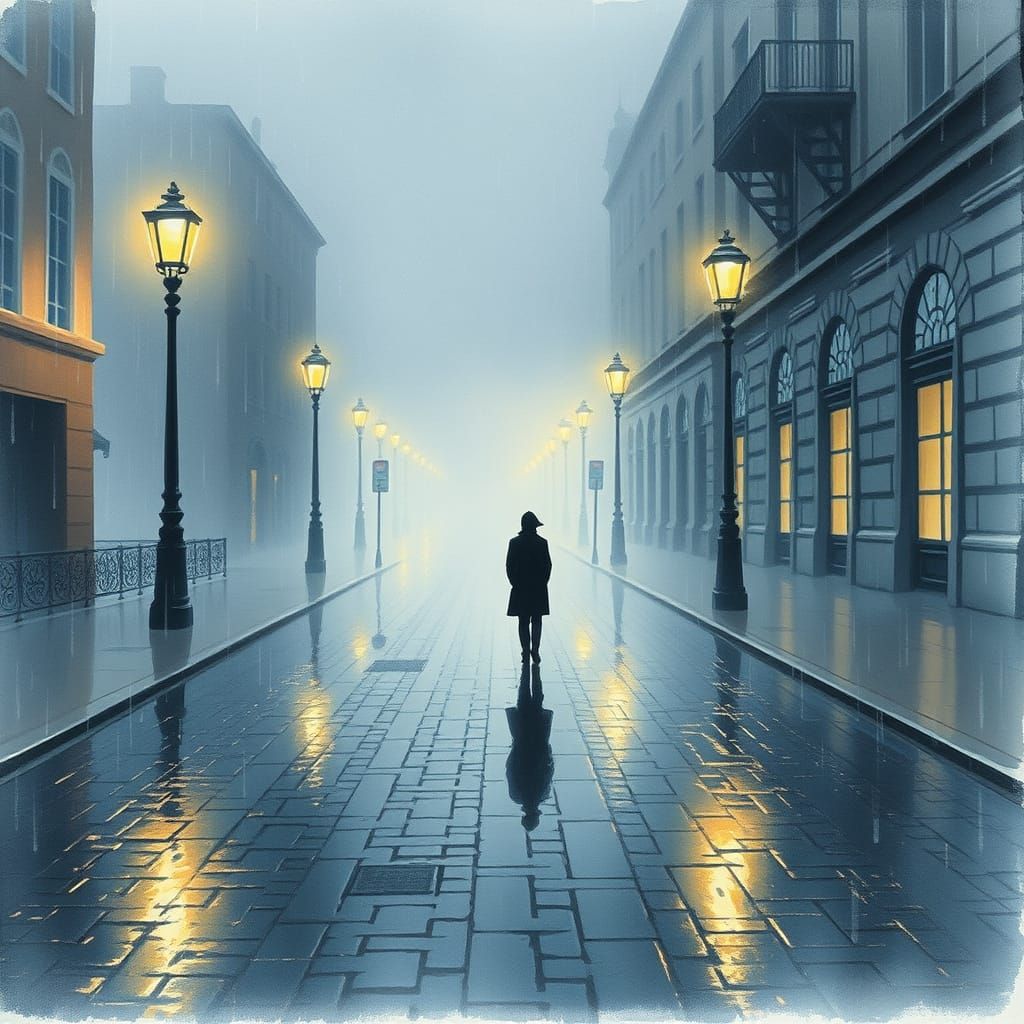 Solitary Figure in Ethereal Mist on Cobblestone Street