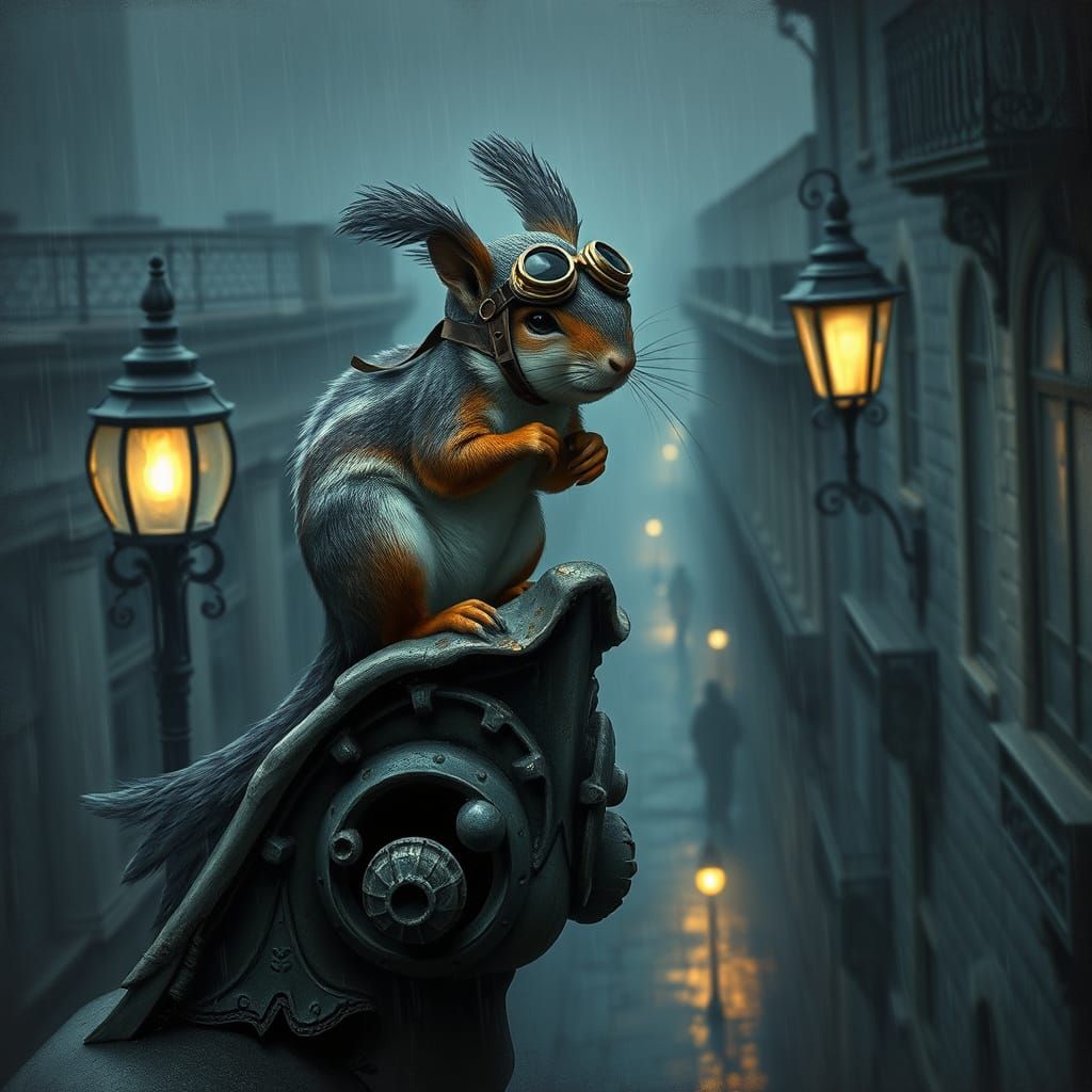 Melancholic Squirrel in Steampunk Gear on Gargoyle