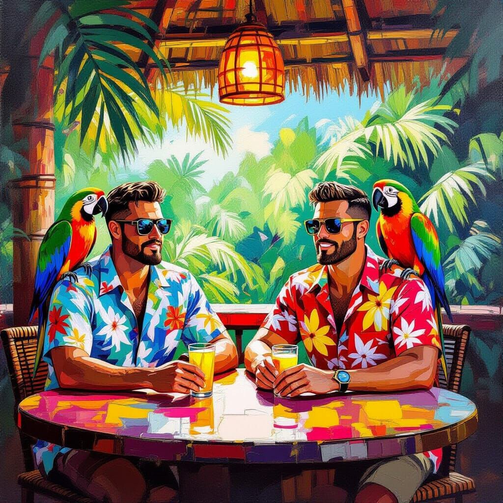 Men Enjoying a Tiki Bar with Parrots