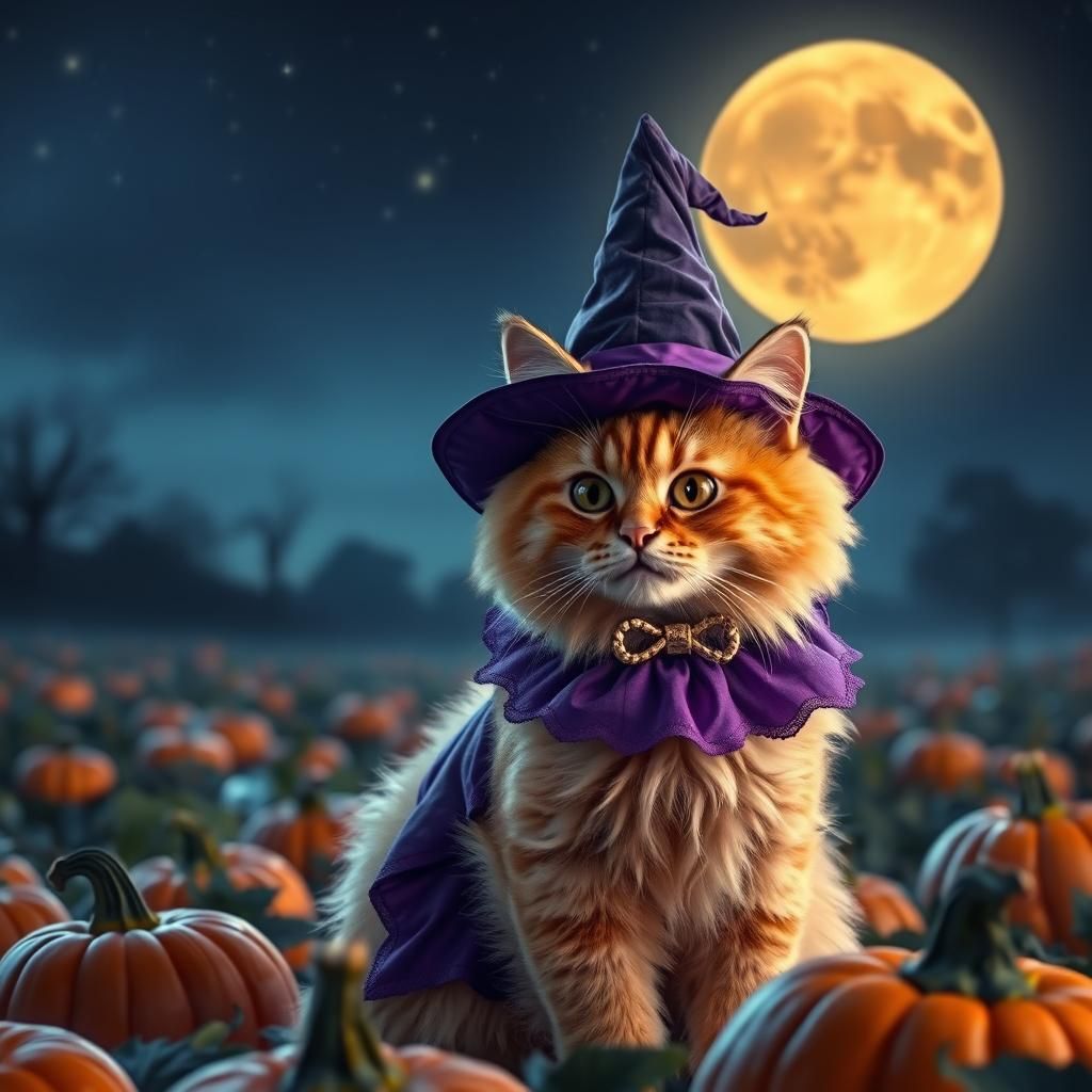 Orange Cat in Witch Costume Under Moonlight