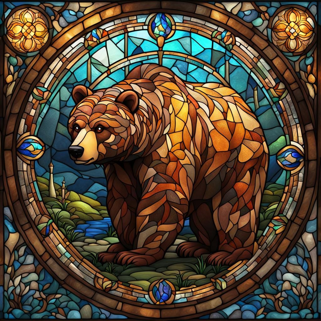 Stained Glass Brown Bear: Detailed Fantasy Art