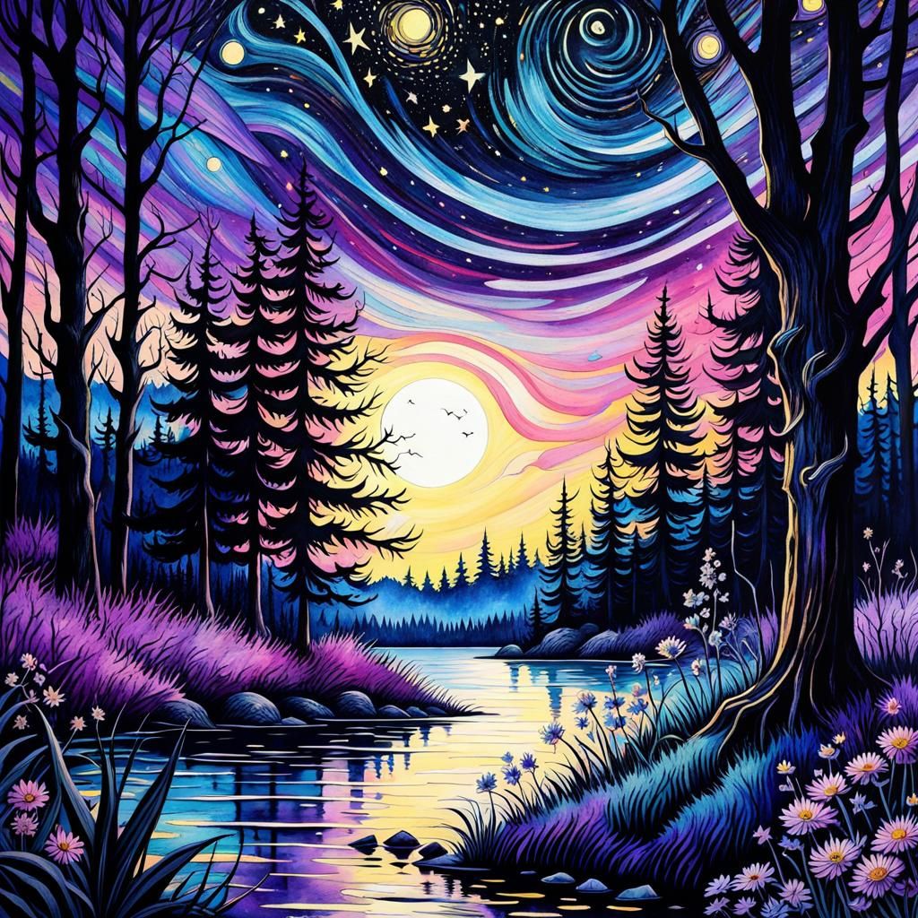 Gothic Starry Night Forest in Watercolor Style