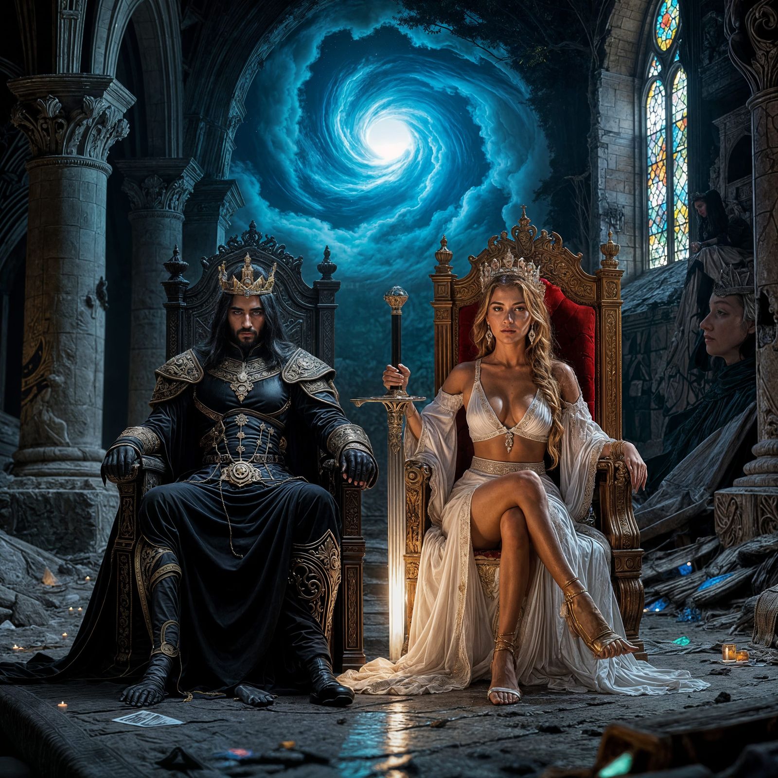 King and Queen Sit Side by Side on Thrones