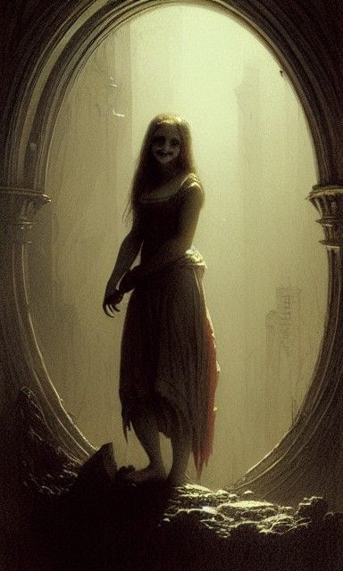 Horror Image of Smiling Girl in Doré Style