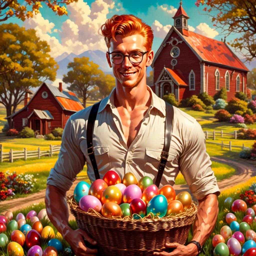 Retro Rockabilly Cyborg Farmer with Easter Eggs