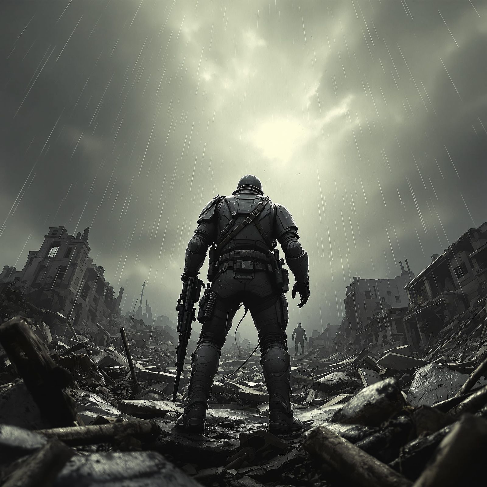 Soldier Gazes at Sky on War Battlefield