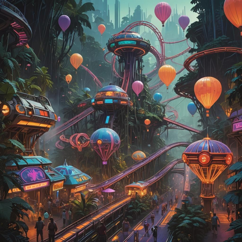 Aztec Alien Theme Park in Futuristic Rainforest