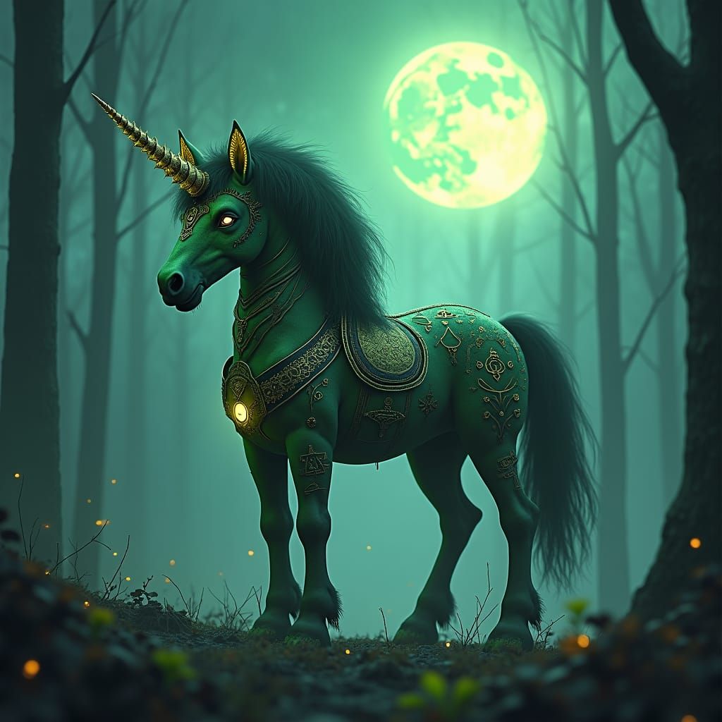 Gothic Pony in Mystical Forest: Dark Fantasy Art