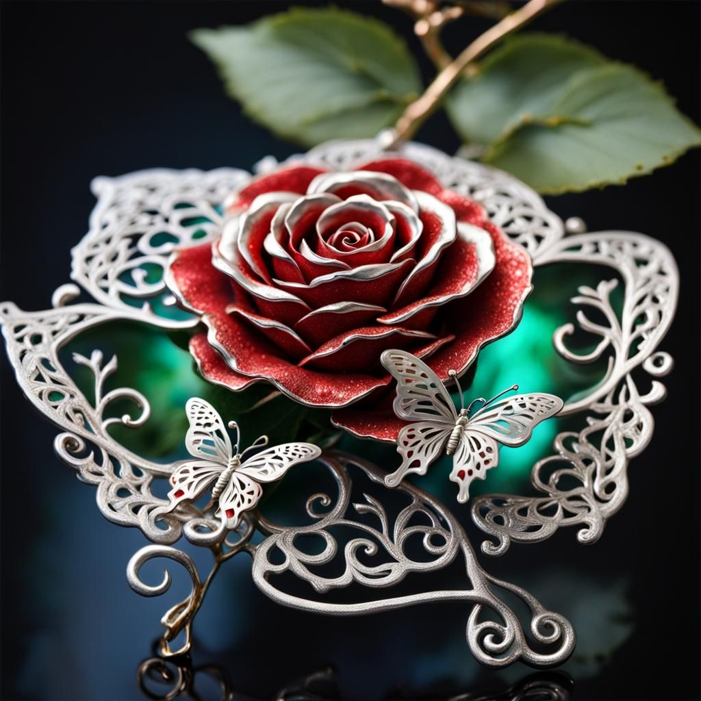 Enameled Butterfly on Silver Rose Branch