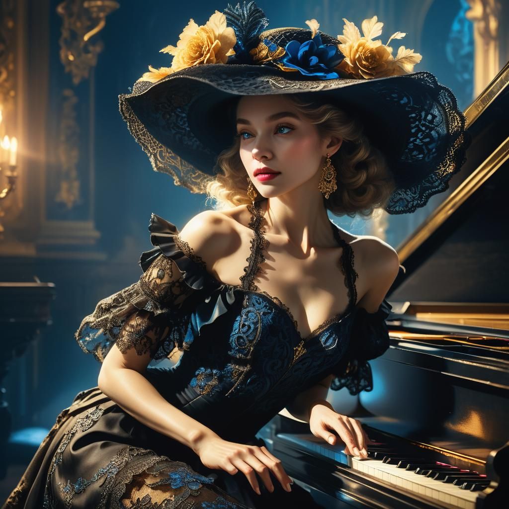 Refined Woman Playing Piano in Baroque Fantasy Style