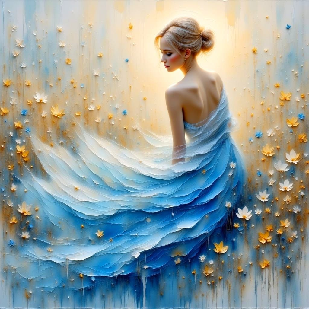 Blond Woman in Silver Blue Dress, Impressionist Style