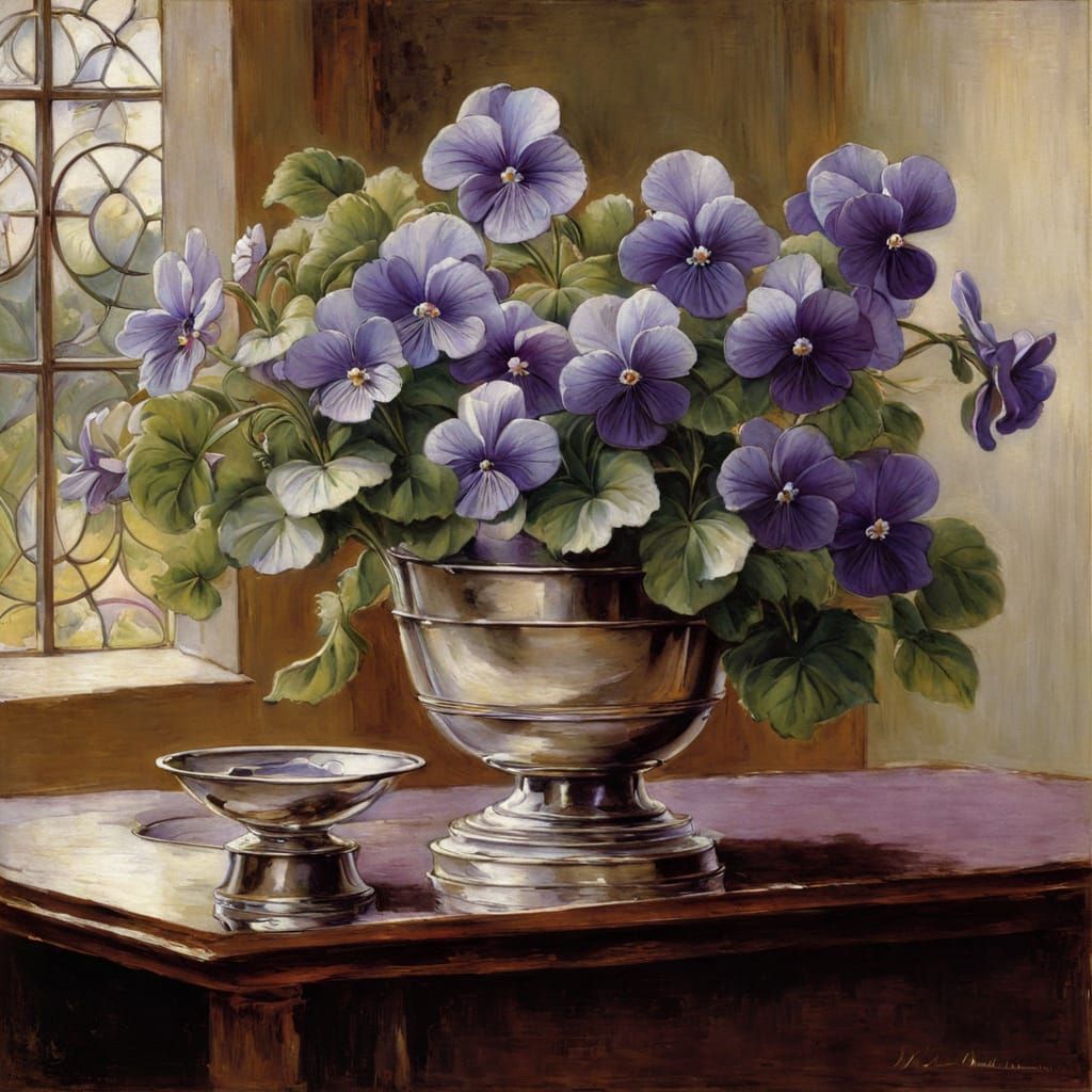 Violets in a Victorian-Inspired Silver Vase