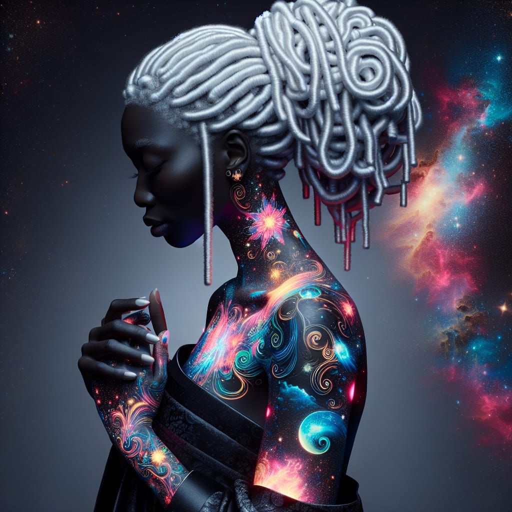 Cosmic Goddess with Neon Tattoos in Ukiyo-e Style