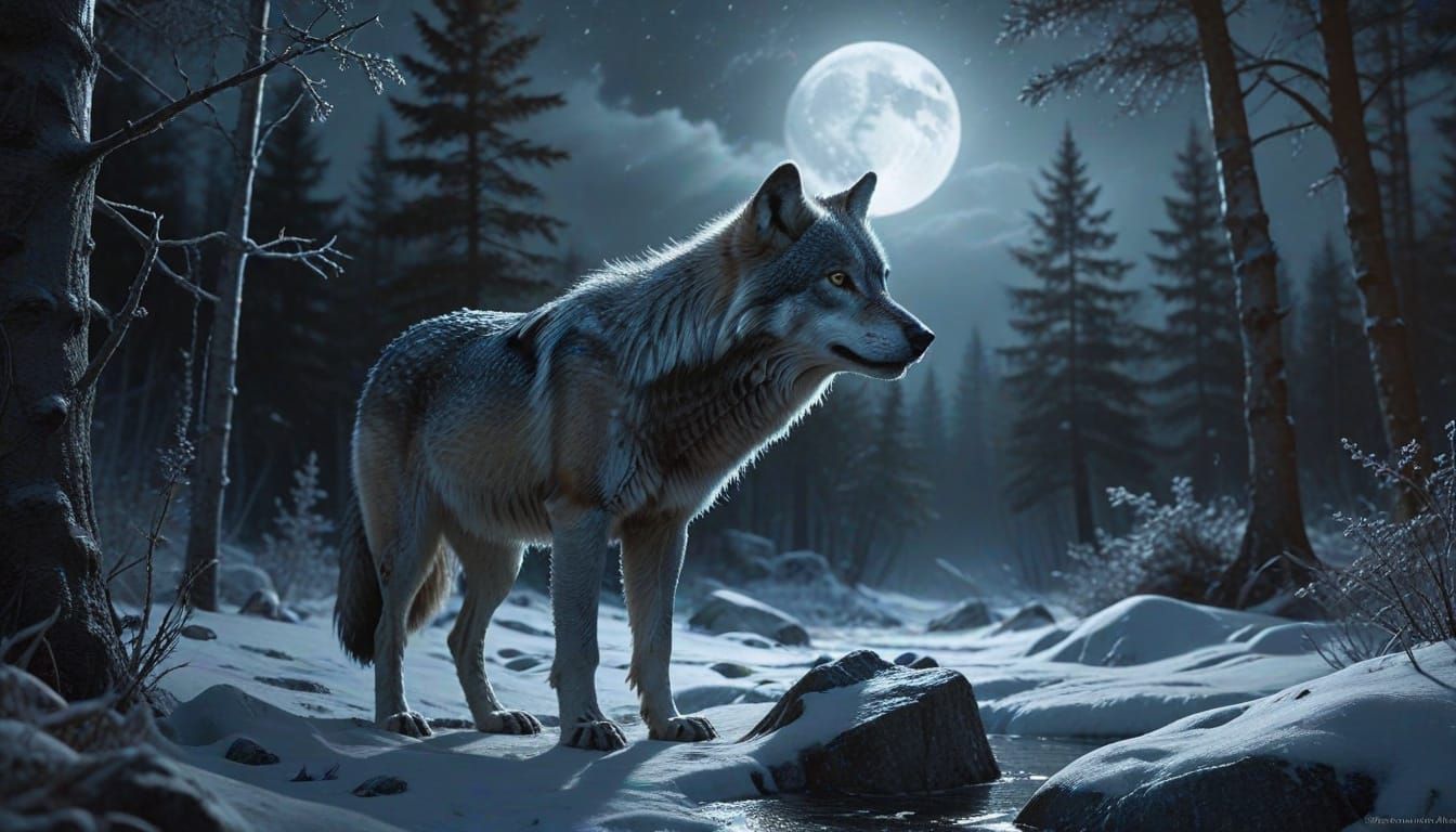 Hyper-Realistic Gray Wolf Portrait Under Full Moon