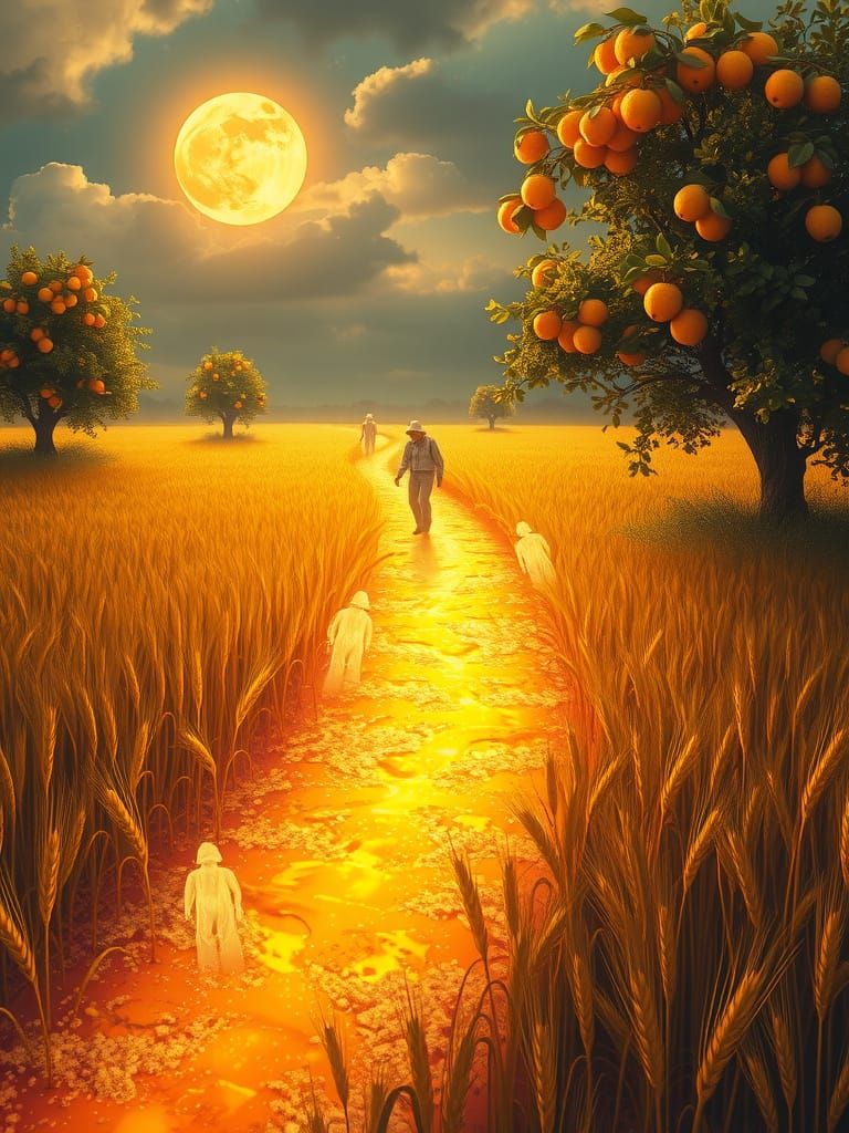 Surreal Golden River Transformation Under Harvest Moon