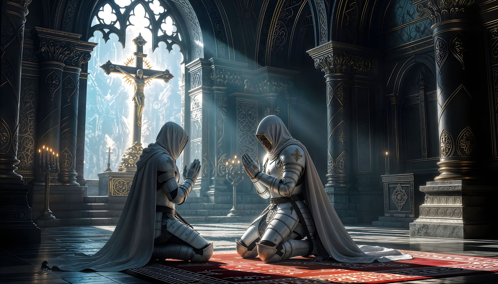 Knight in Ornate Armor Kneeling in Ancient Temple