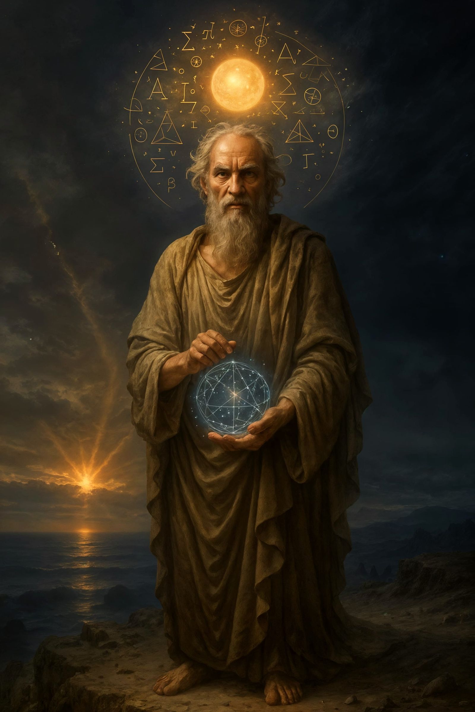 Archimedes: Mystical Scholar with Orb in Digital Art