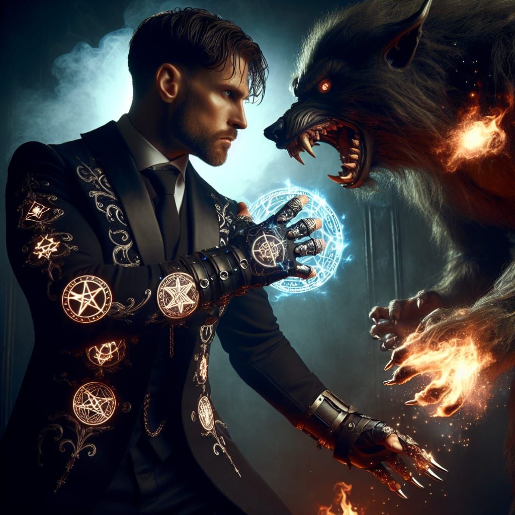 Man in Suit Battles Werewolf with Magic Runes