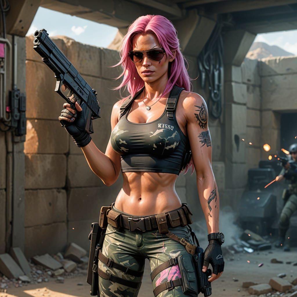 Camo-Clad Woman with Pistols in Comic Book Art