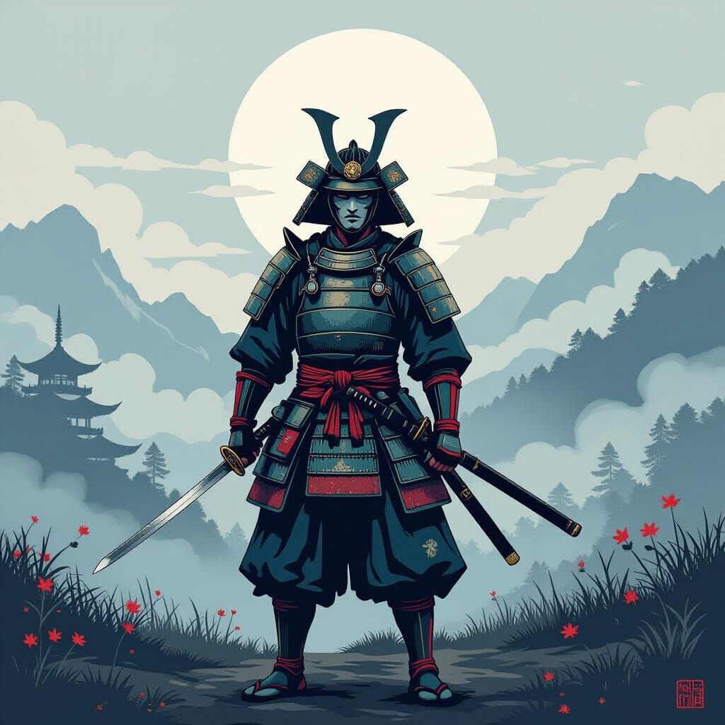 Samurai in Japanese Landscape, Hokusai Style