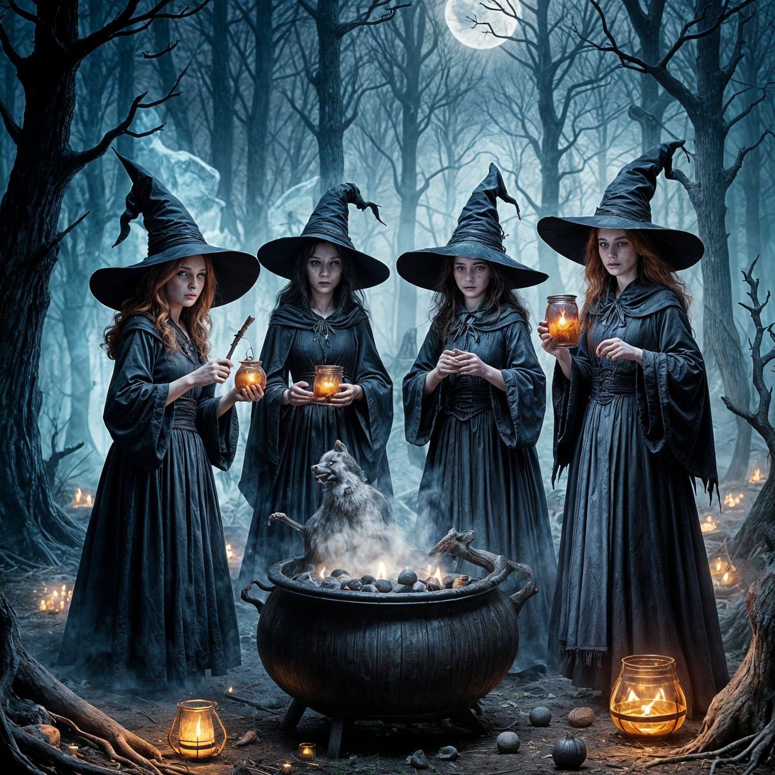 Eerie Witches Gathering in Misty Forest