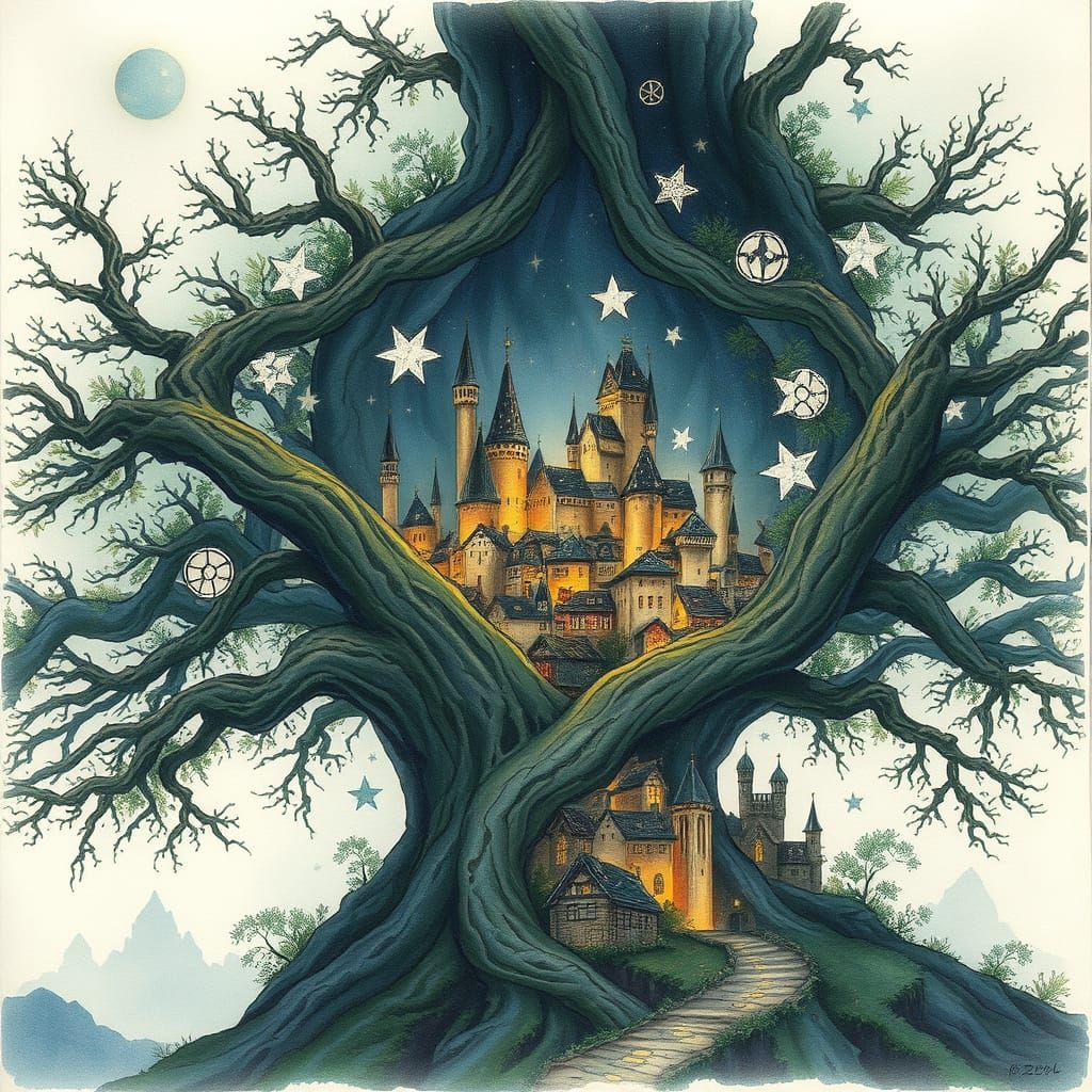 Ethereal Tree City Under Starry Sky