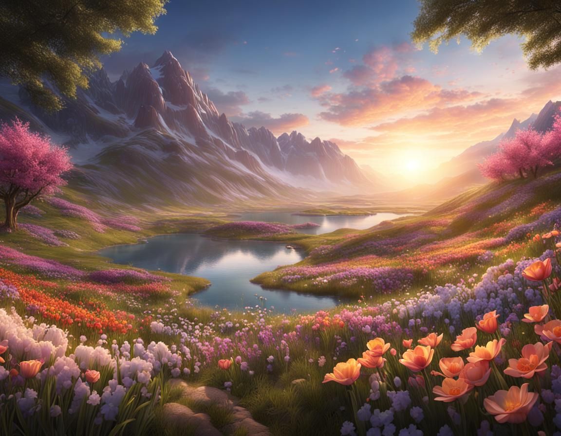 Sunrise Over Valley with Spring Flowers: Fantasy Art