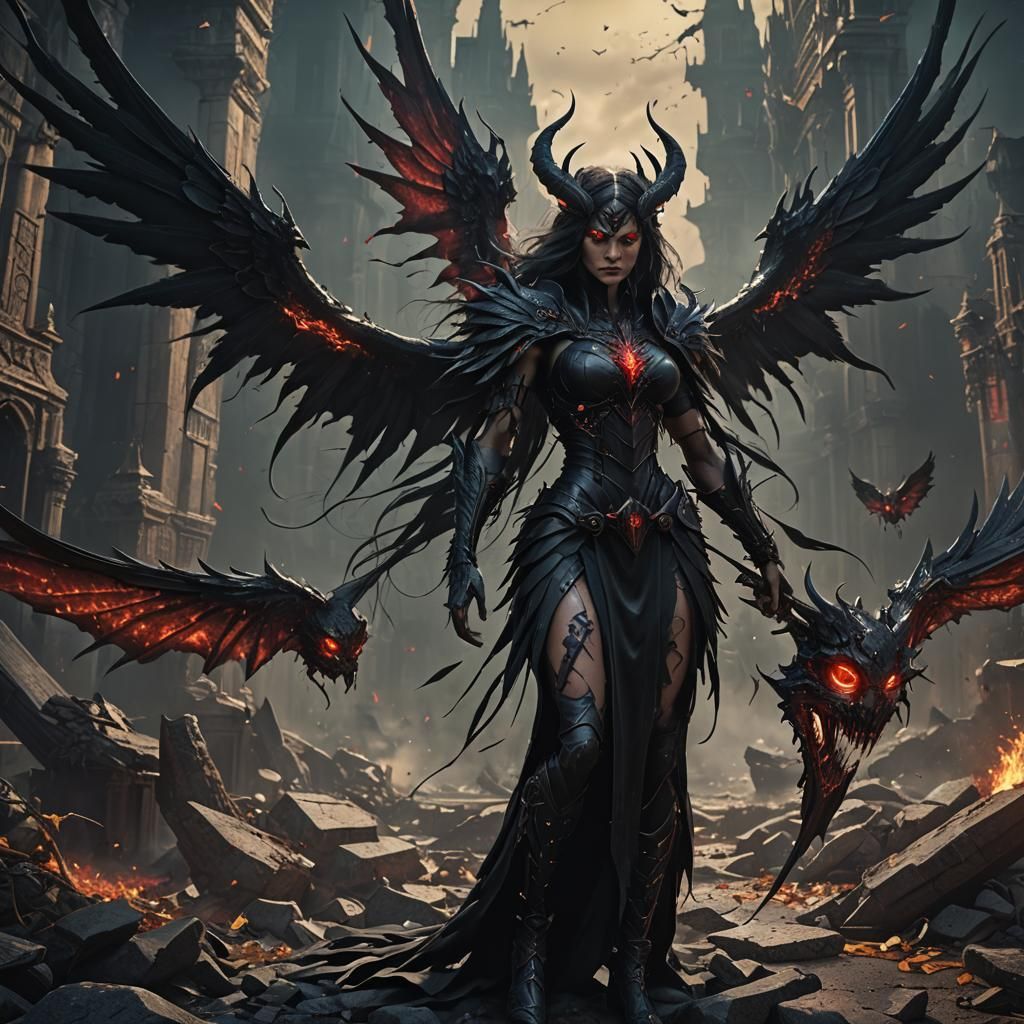Demon Woman with Red Eyes and Black Wings