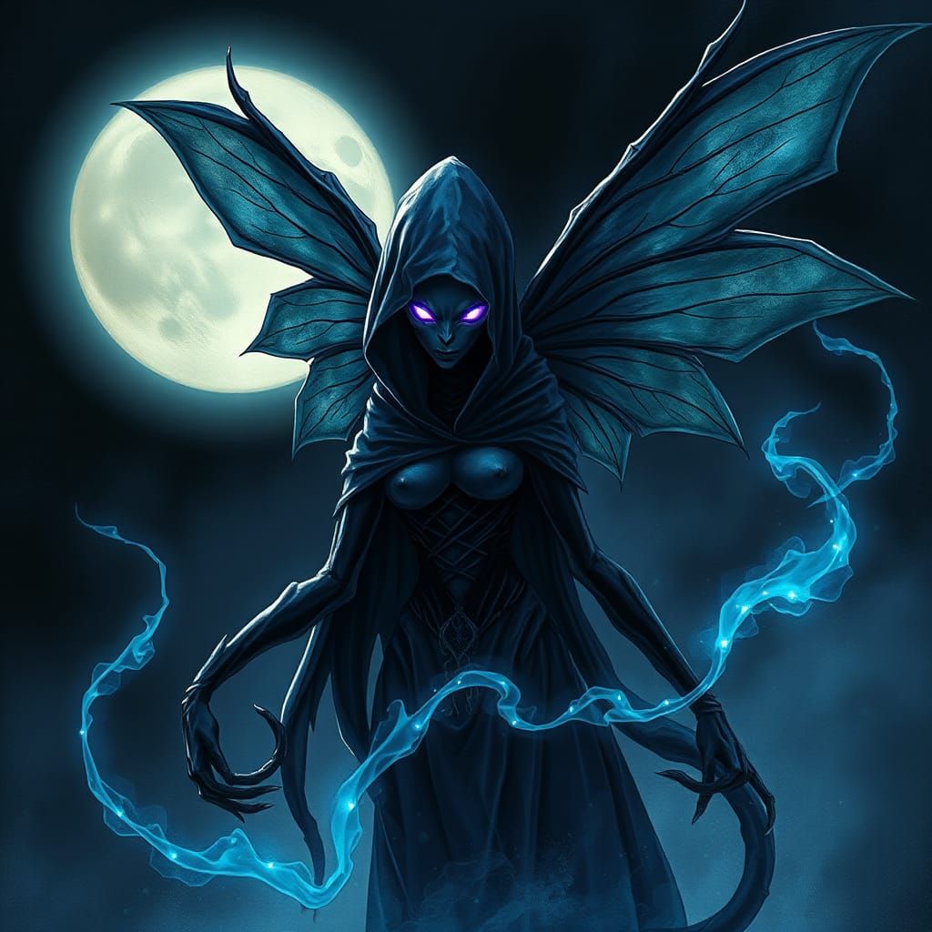 Dark Fairy Cloaked in Shadows, Hyperrealistic Watercolor