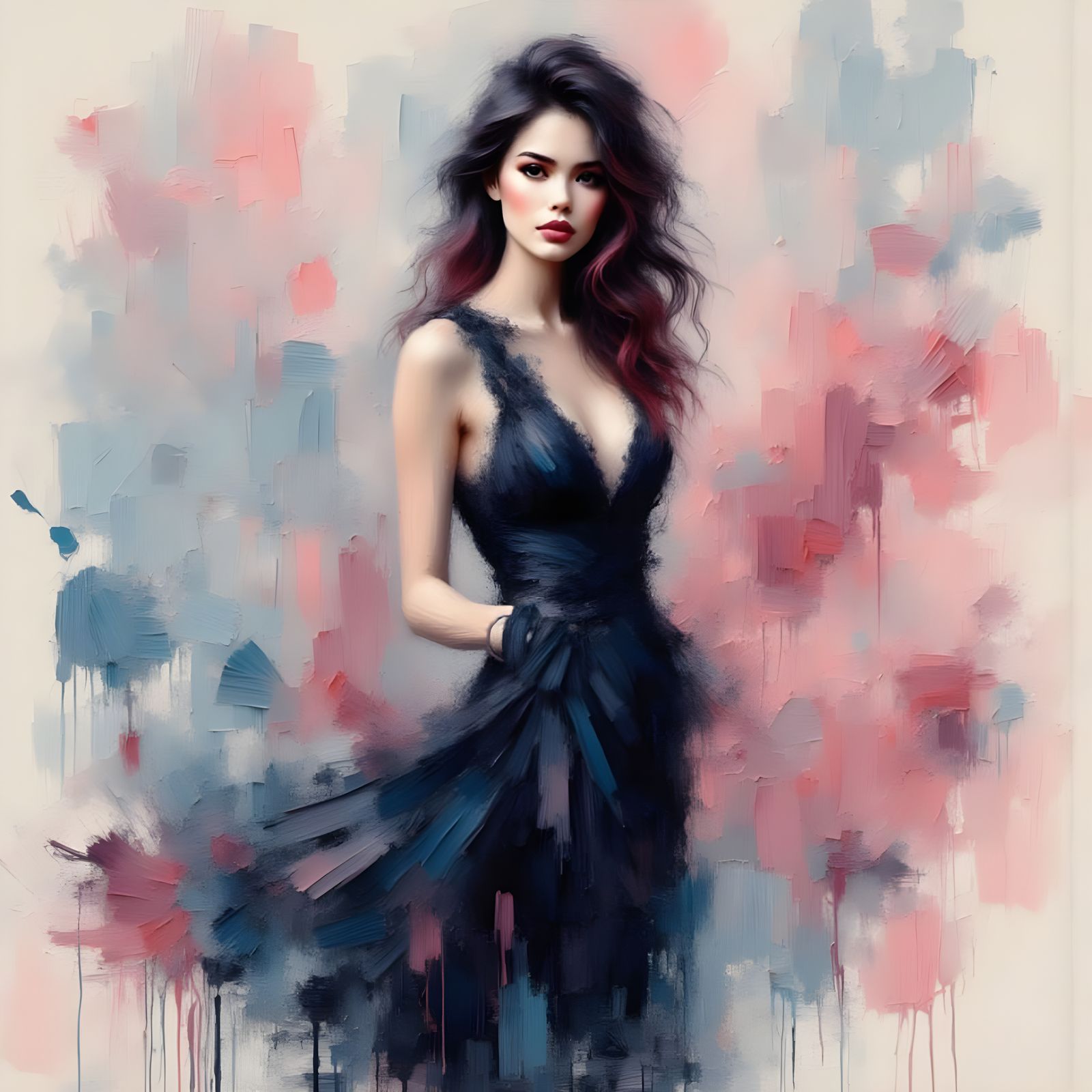 Thai Lady in Evening Dress, Impasto Grunge Style