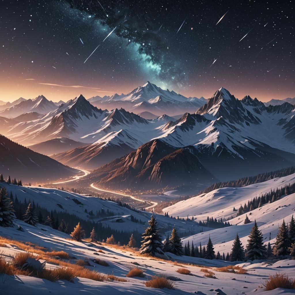 Winter Field Under Night Sky with Falling Stars