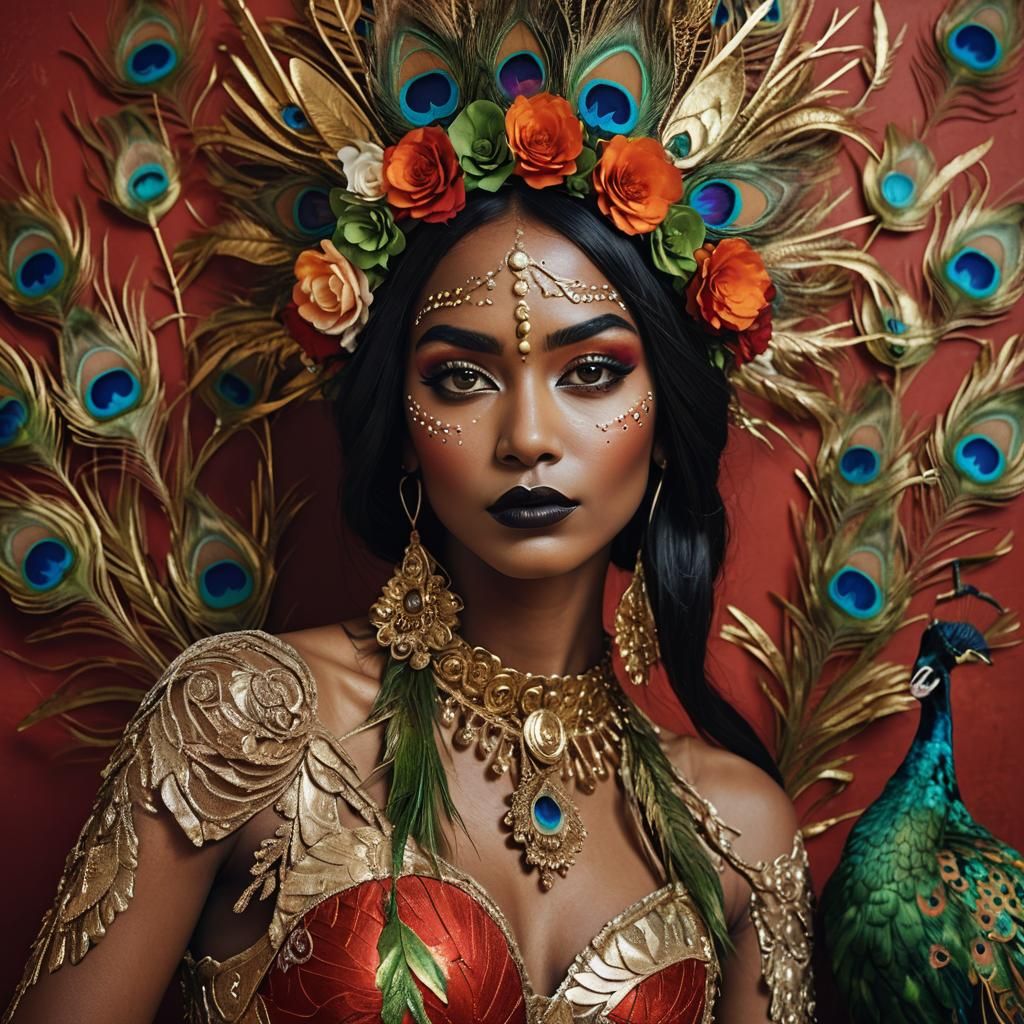 Metallic Goddess with Peacock Hair, Cinematic Portrait