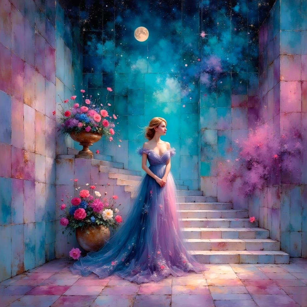 Ethereal Starry Night Dreamscape in Soft Pastel Colors