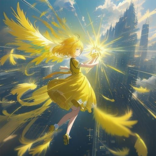 Anime Woman in Yellow Dress Floating, 3D Art