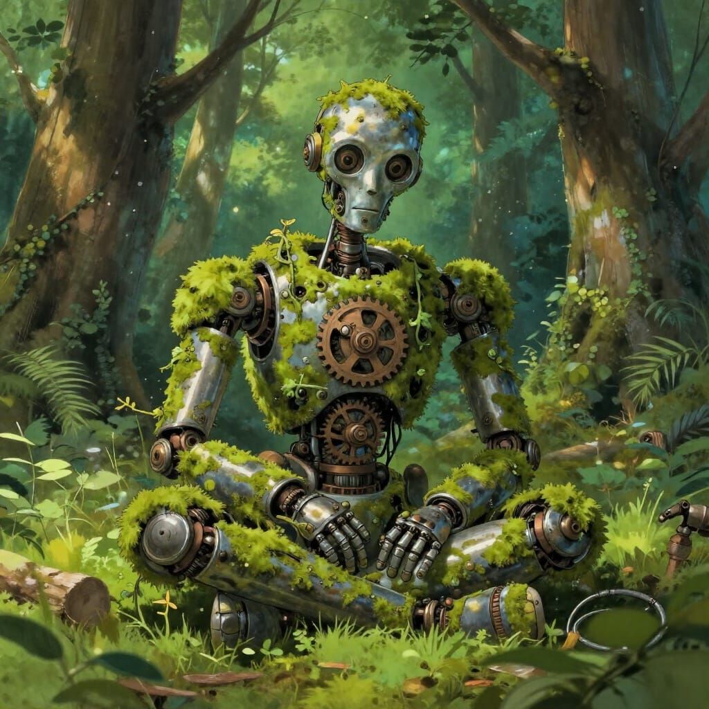 Moss-Covered Automaton in Sunlit Forest Clearing
