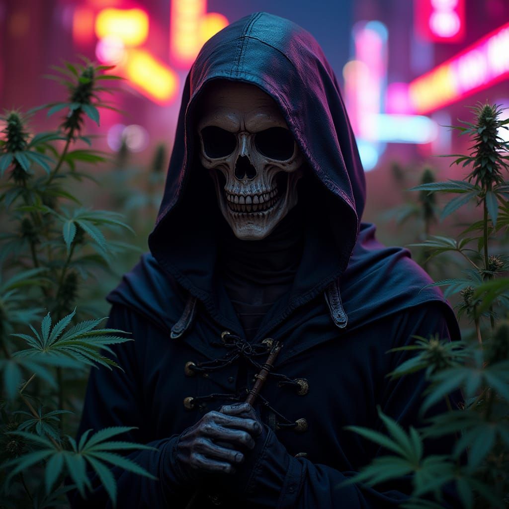 Grim Reaper in Las Vegas with Cannabis Plants