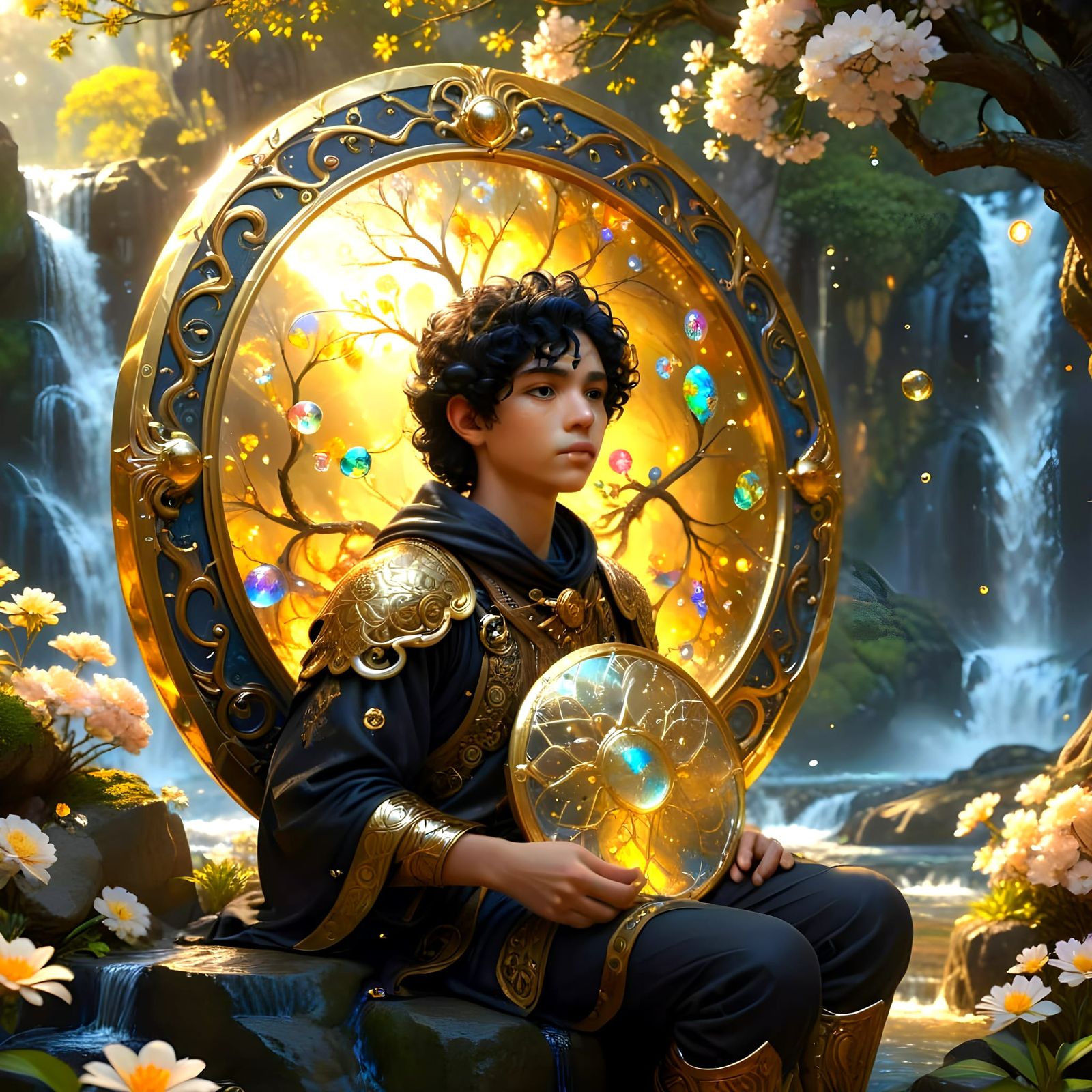 Boy Stares in Wonder at Golden Shield Beside Waterfall