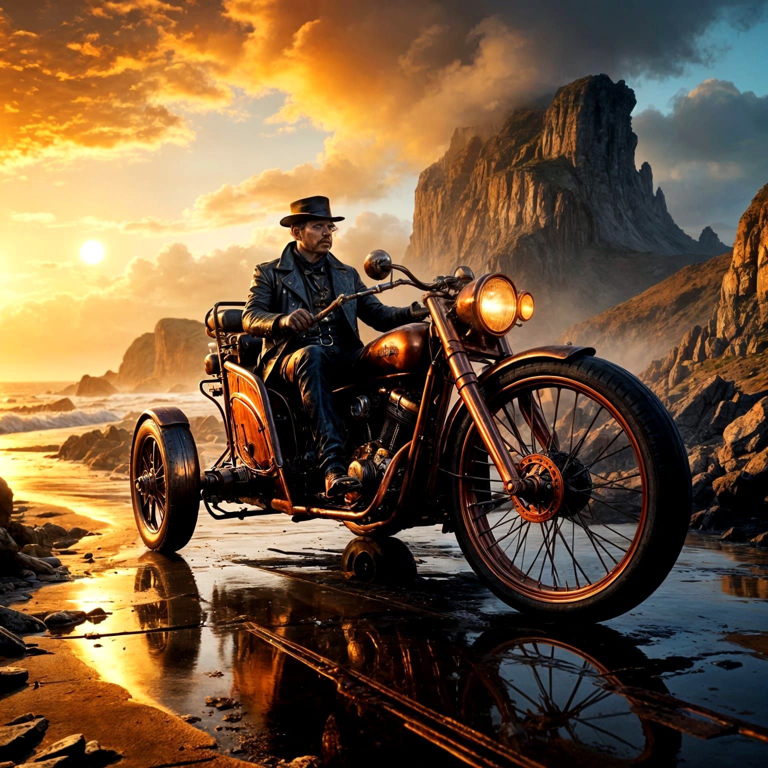 Copper Steampunk Trike on Coastal Road: Detailed Matte Paint...