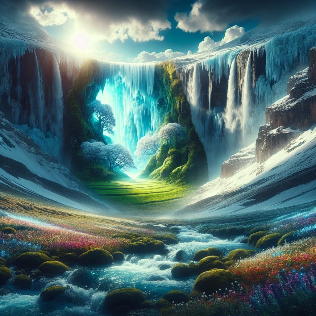 Frozen Waterfall Portal to a Vibrant Verdant Meadow
