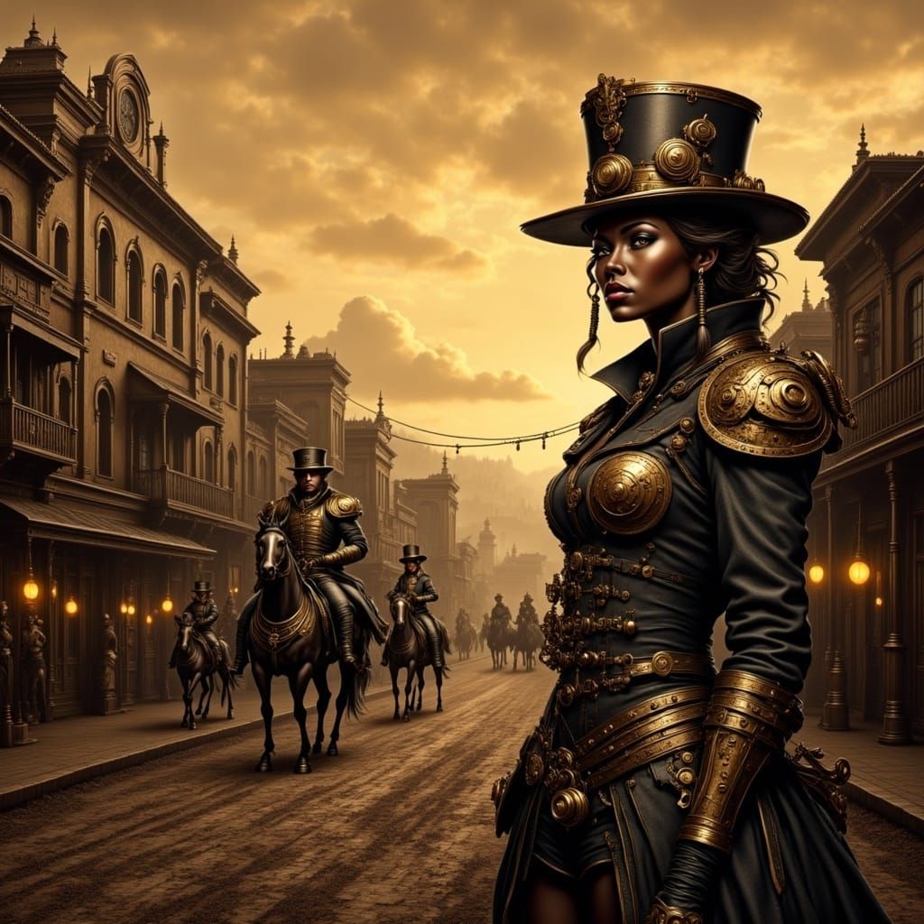 Steampunk Frontier Town at Sunset in Jules Verne Style