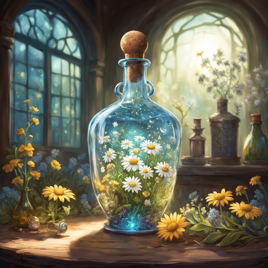 Giant Potion Bottle Filled With Chamomile Flowers in Fantasy...
