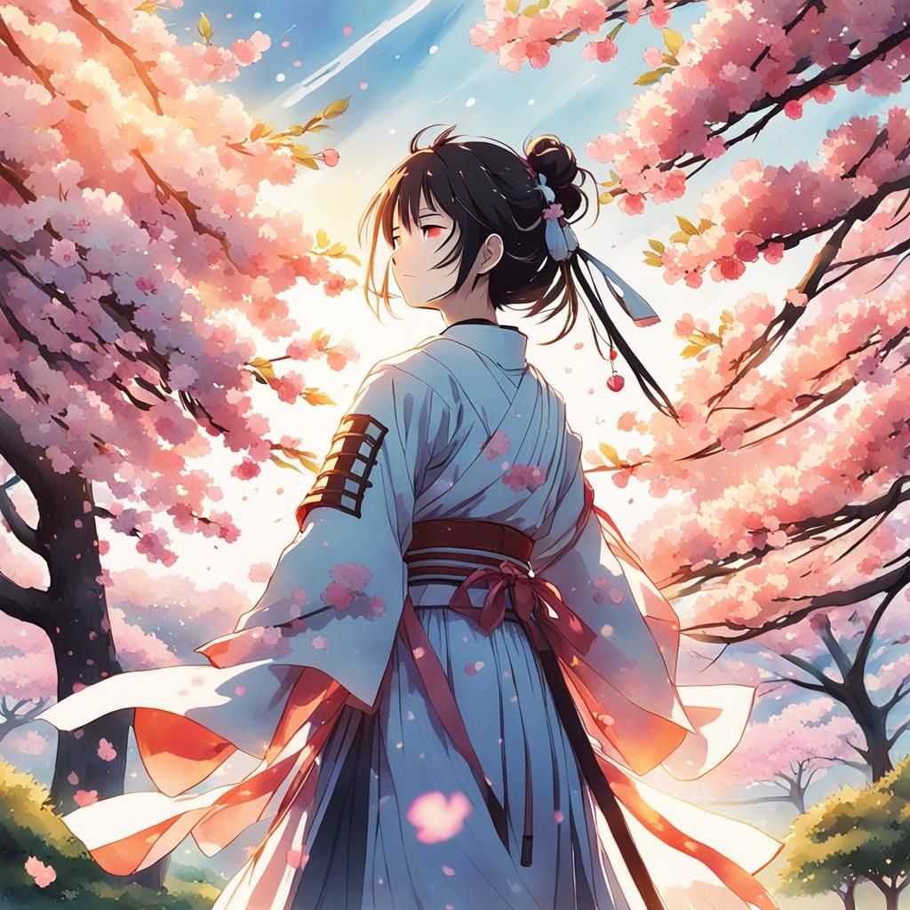 Samurai Woman Basks in Cherry Blossom Bliss with Vibrant Wat...