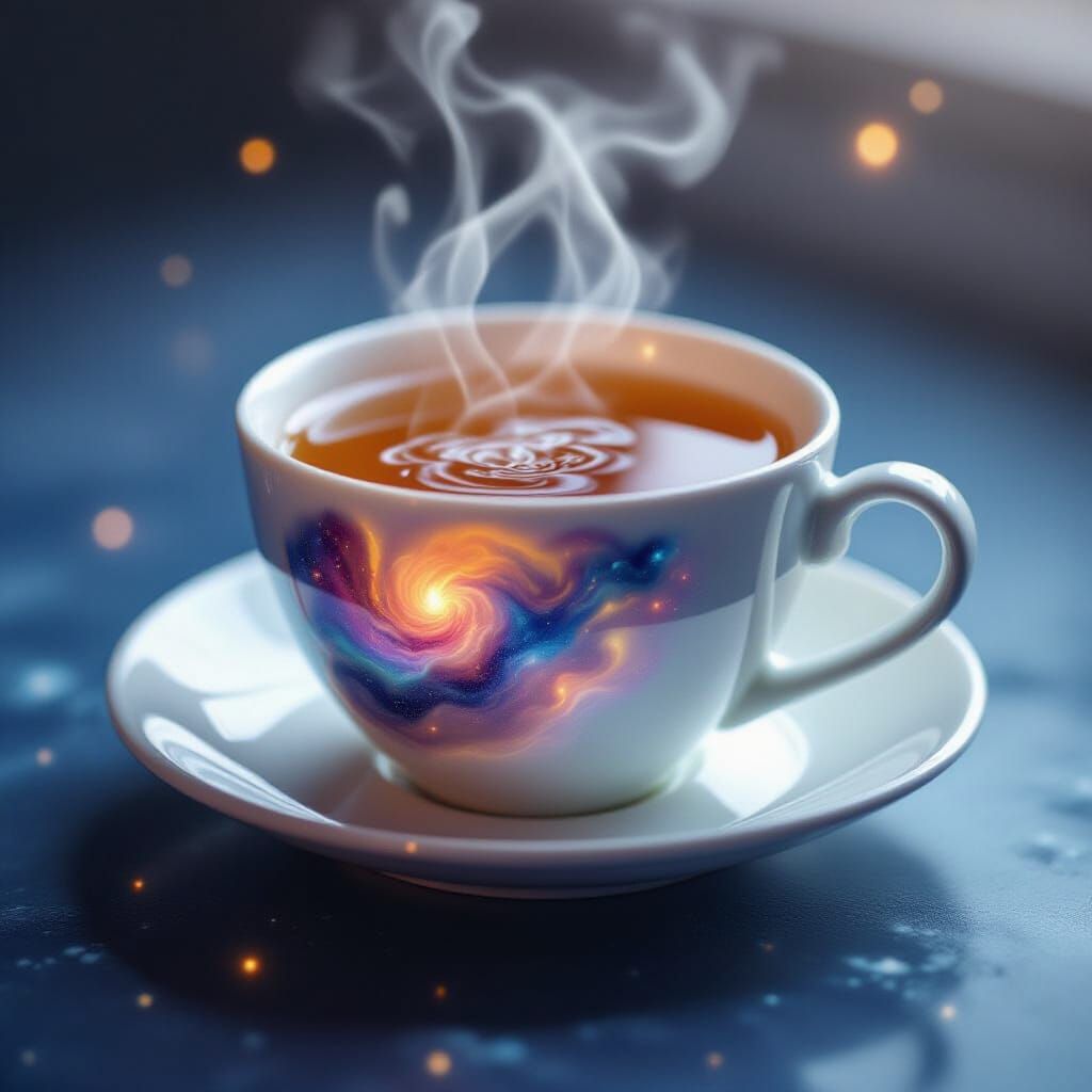 Cosmic Milk Tea Floating in Void, Hyperrealistic Style
